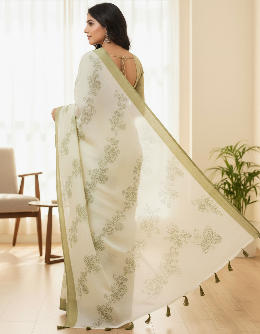 Cream Roll Exclusive Fancy Saree with Blouse – White & Green Floral Elegance