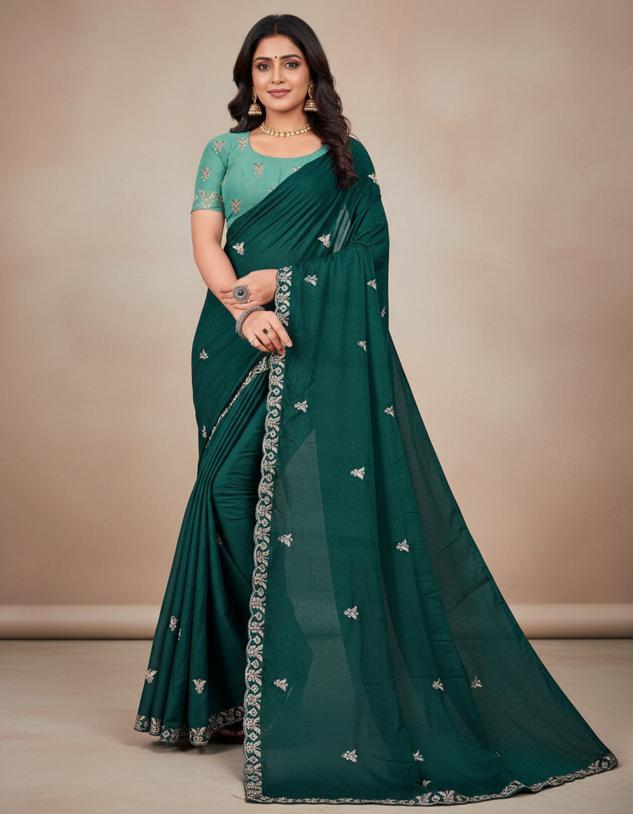 Princess Green Fancy Party Wear Saree with Blouse – Party and Wedding Wear