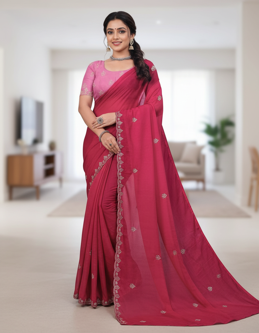 Princess Dark Pink Fancy Party Wear Saree with Blouse – Party and Wedding Wear