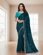 Princess Teal Fancy Party Wear Saree with Blouse – Party and Wedding Wear
