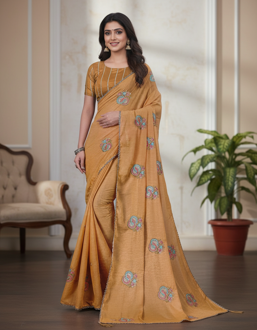 Sarika Yellow Fancy Party Wear Saree with Blouse – Ethnic Glamour in Multicolor Embroidery