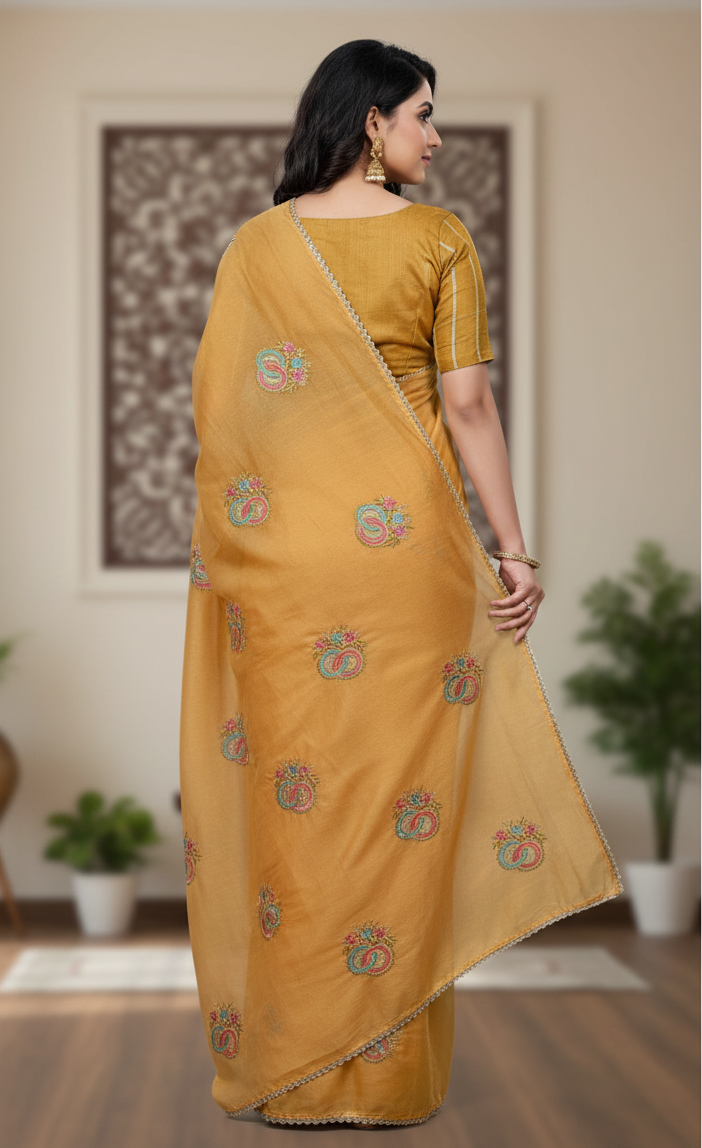 Sarika Yellow Fancy Party Wear Saree with Blouse – Ethnic Glamour in Multicolor Embroidery