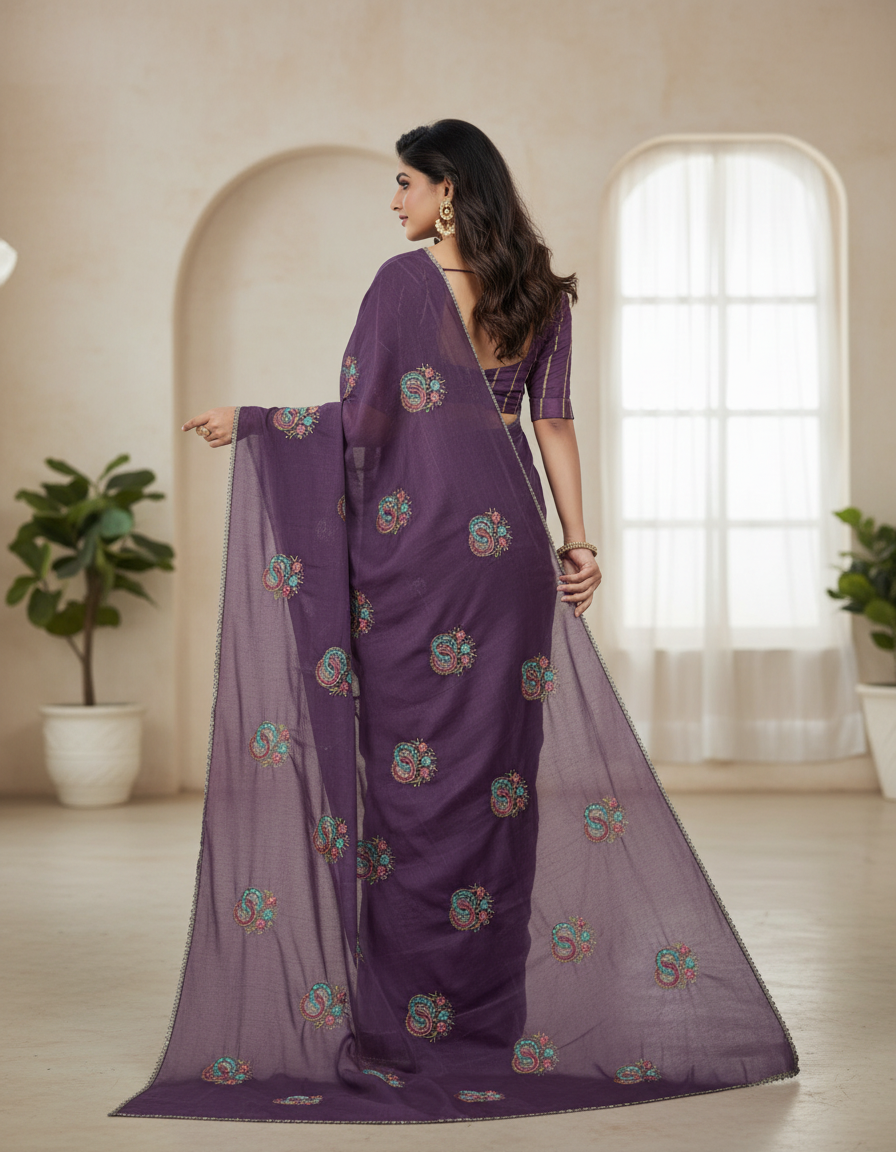 Sarika Purple Fancy Party Wear Saree with Blouse – Ethnic Glamour in Multicolor Embroidery