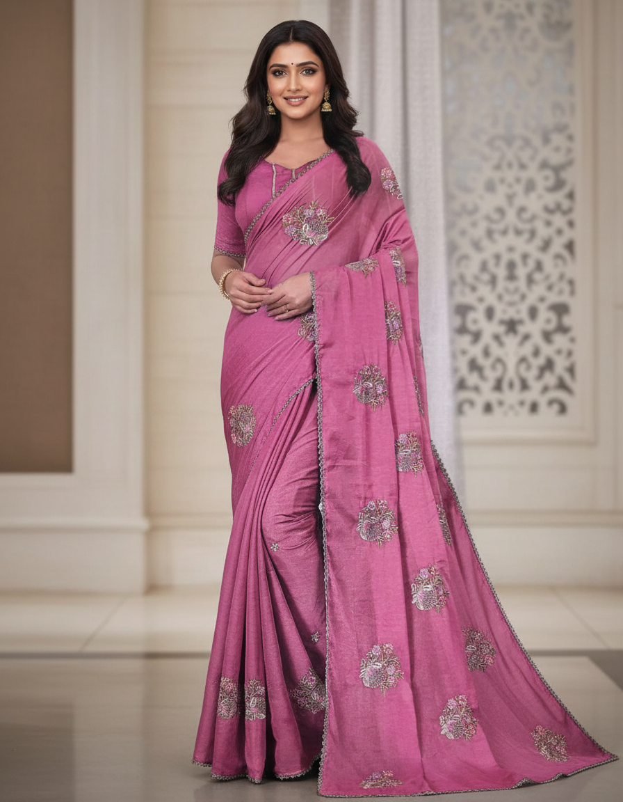 Sarika Pink Fancy Party Wear Saree with Blouse – Ethnic Glamour in Multicolor Embroidery