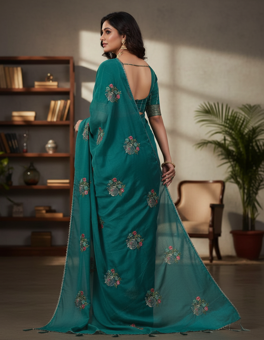 Sarika Mint Green Fancy Party Wear Saree with Blouse – Ethnic Glamour in Multicolor Embroidery