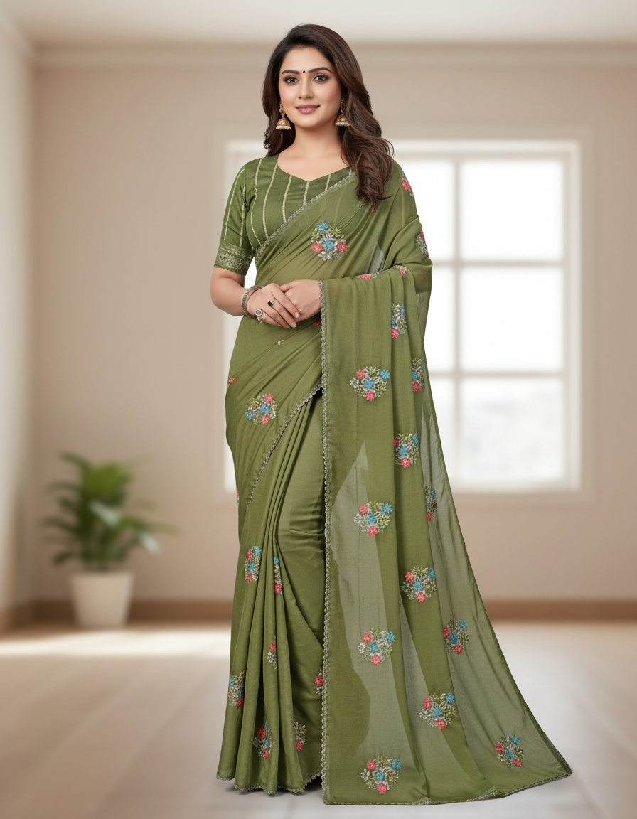 Sarika Green Fancy Party Wear Saree with Blouse – Ethnic Glamour in Multicolor Embroidery