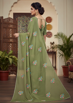 Sarika Green Fancy Party Wear Saree with Blouse – Ethnic Glamour in Multicolor Embroidery