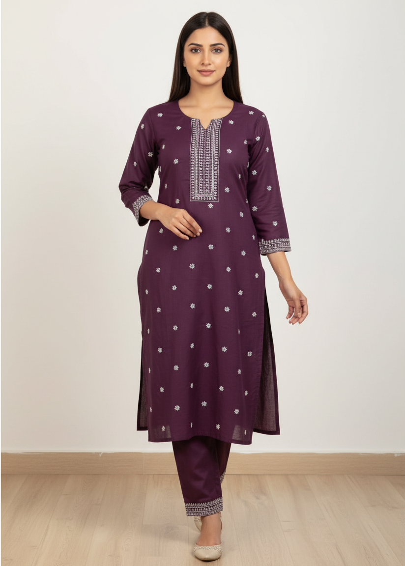Chandrika Purple Embroidered Cotton Kurta & Pant Set – Comfortable Daily Wear for Women