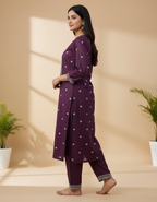 Chandrika Purple Embroidered Cotton Kurta & Pant Set – Comfortable Daily Wear for Women