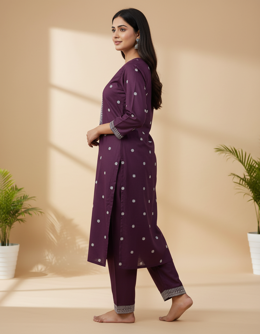 Chandrika Purple Embroidered Cotton Kurta & Pant Set – Comfortable Daily Wear for Women