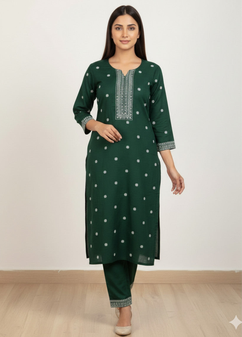 Chandrika Green Embroidered Cotton Kurta & Pant Set – Comfortable Daily Wear for Women