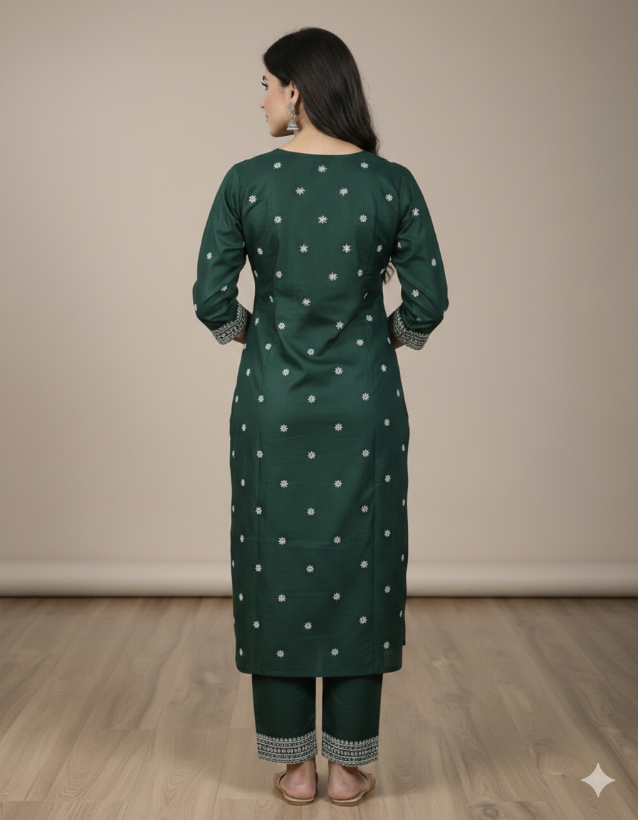 Chandrika Green Embroidered Cotton Kurta & Pant Set – Comfortable Daily Wear for Women