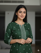 Chandrika Green Embroidered Cotton Kurta & Pant Set – Comfortable Daily Wear for Women