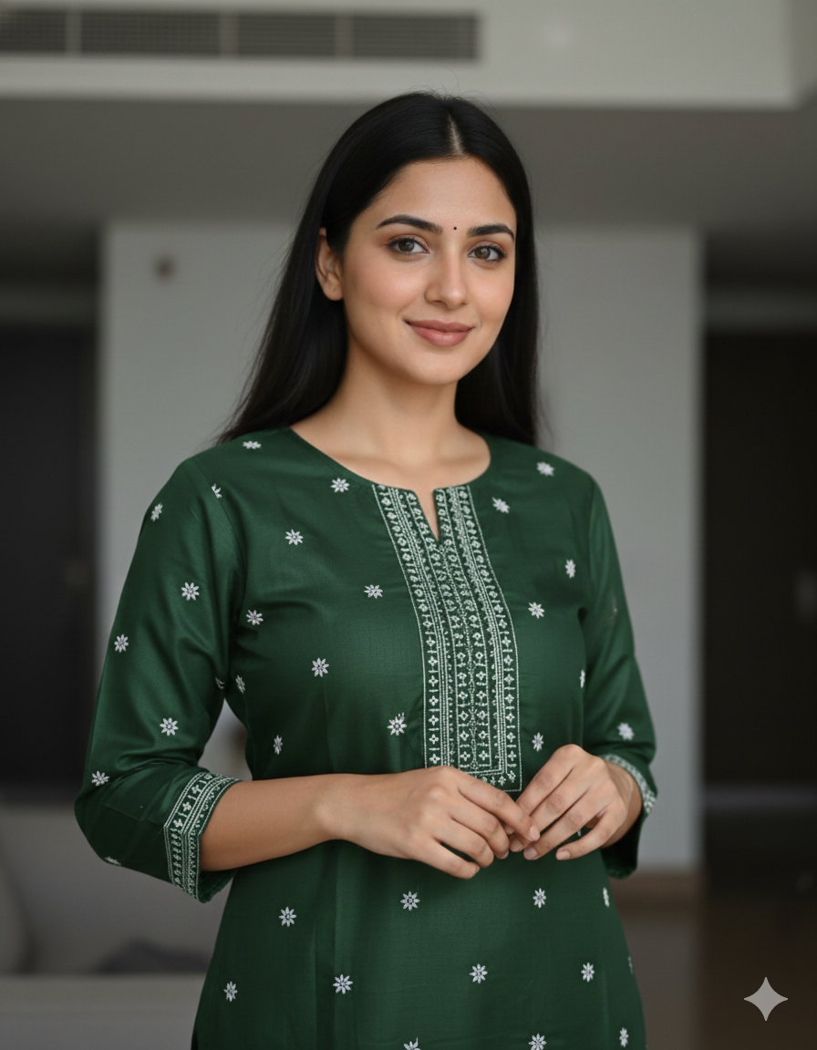 Chandrika Green Embroidered Cotton Kurta & Pant Set – Comfortable Daily Wear for Women