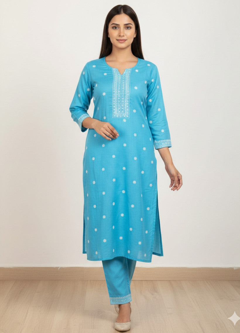 Chandrika Sky Blue Embroidered Cotton Kurta & Pant Set – Comfortable Daily Wear for Women