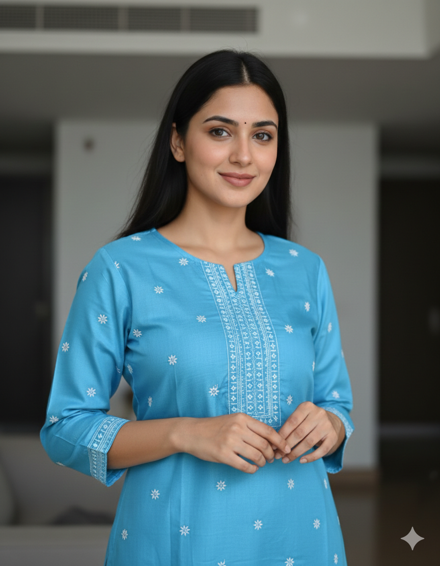 Chandrika Sky Blue Embroidered Cotton Kurta & Pant Set – Comfortable Daily Wear for Women