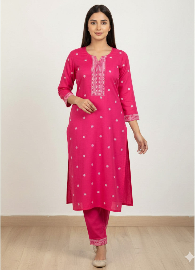 Chandrika Pink Embroidered Cotton Kurta & Pant Set – Comfortable Daily Wear for Women