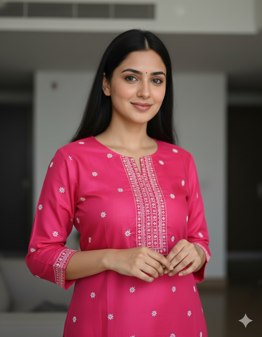 Chandrika Pink Embroidered Cotton Kurta & Pant Set – Comfortable Daily Wear for Women