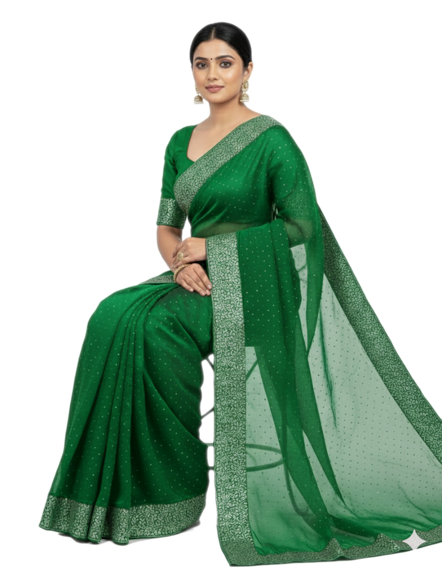 Shub Vivah Silk Premium Saree in Green with Silver Embroidery – Elegant Wedding Wear