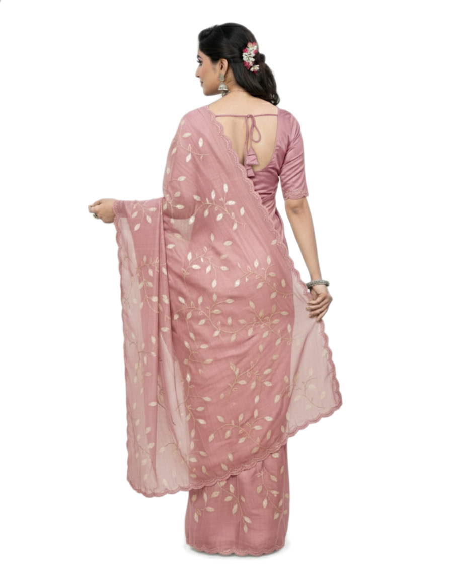 Apsara Silk Premium Saree in Brown with Gold Leaf Motifs & Scalloped Border – Elegant Traditional Wear