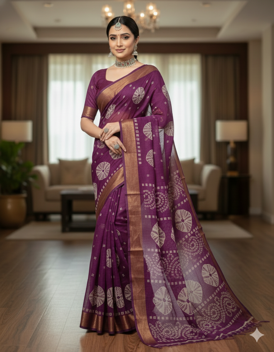 Sundari Bengali Cotton Printed Saree with Blouse – Ethnic Daily Wear in Purple