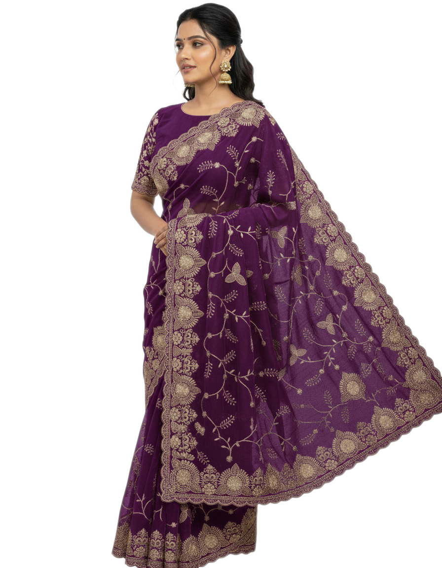 Jwalamukhi Silk Premium Saree in Purple with Gold Zari Border & Floral Design – Elegant Traditional Wear