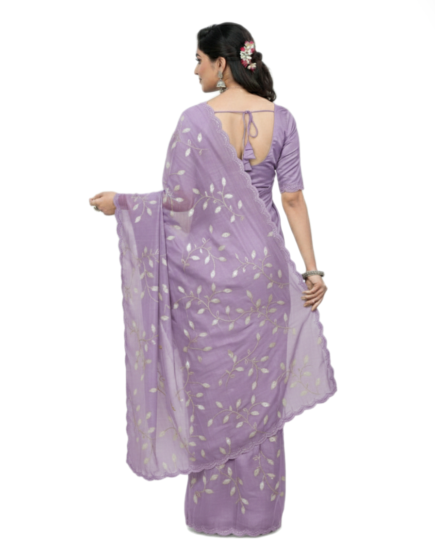 Apsara Silk Premium Saree in Purple with Gold Leaf Motifs & Scalloped Border – Elegant Traditional Wear