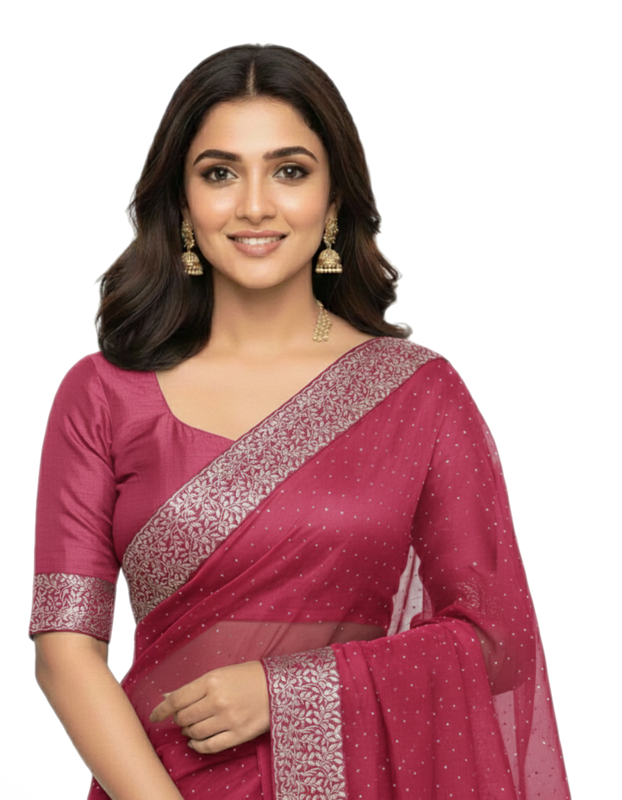 Shub Vivah Silk Premium Saree in Ruby Pink with Silver Embroidery – Elegant Wedding Wear