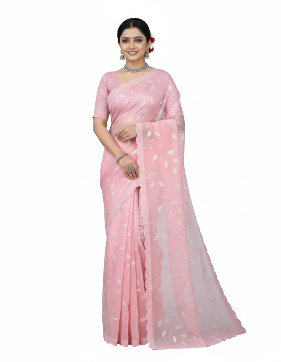 Apsara Silk Premium Saree in Light Pink with Gold Leaf Motifs & Scalloped Border – Elegant Traditional Wear