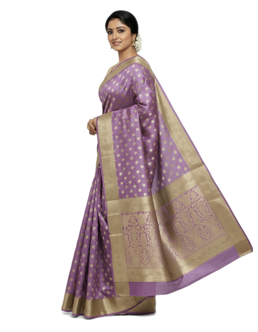 Gajanand Silk Premium Saree in Lavender Purple with Gold Zari Border & Floral Design – Elegant Traditional Wear