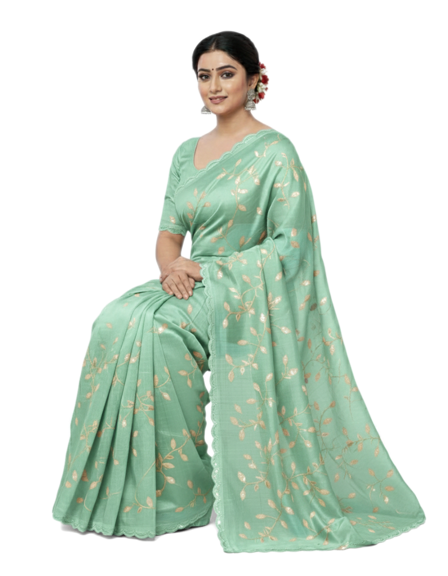 Apsara Silk Premium Saree in Sap Green with Gold Leaf Motifs & Scalloped Border – Elegant Traditional Wear