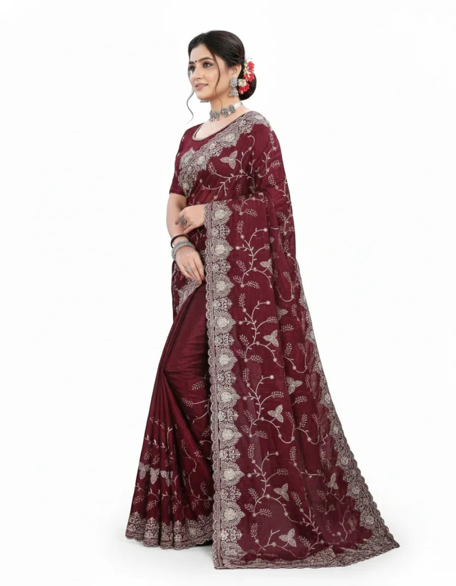 Jwalamukhi Silk Premium Saree in Maroon with Gold Zari Border & Floral Design – Elegant Traditional Wear