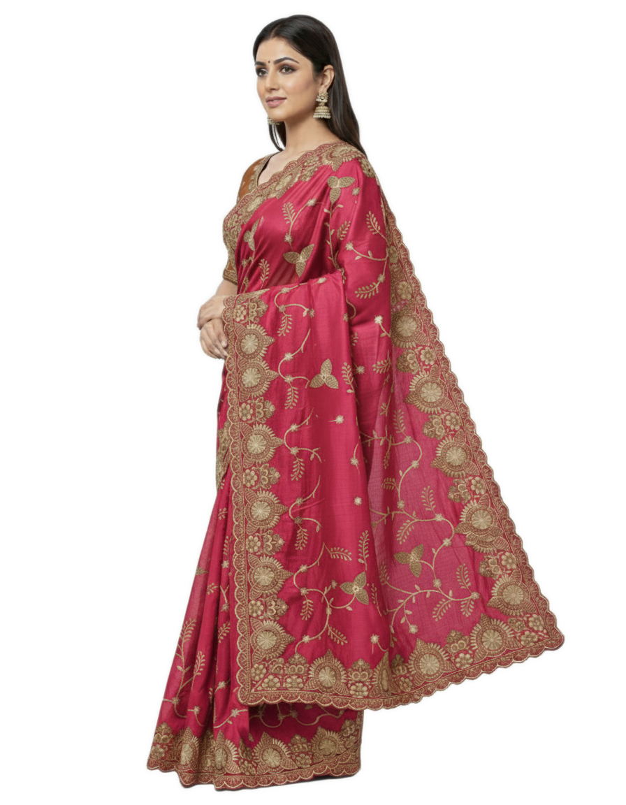 Jwalamukhi Silk Premium Saree in Pink with Gold Zari Border & Floral Design – Elegant Traditional Wear