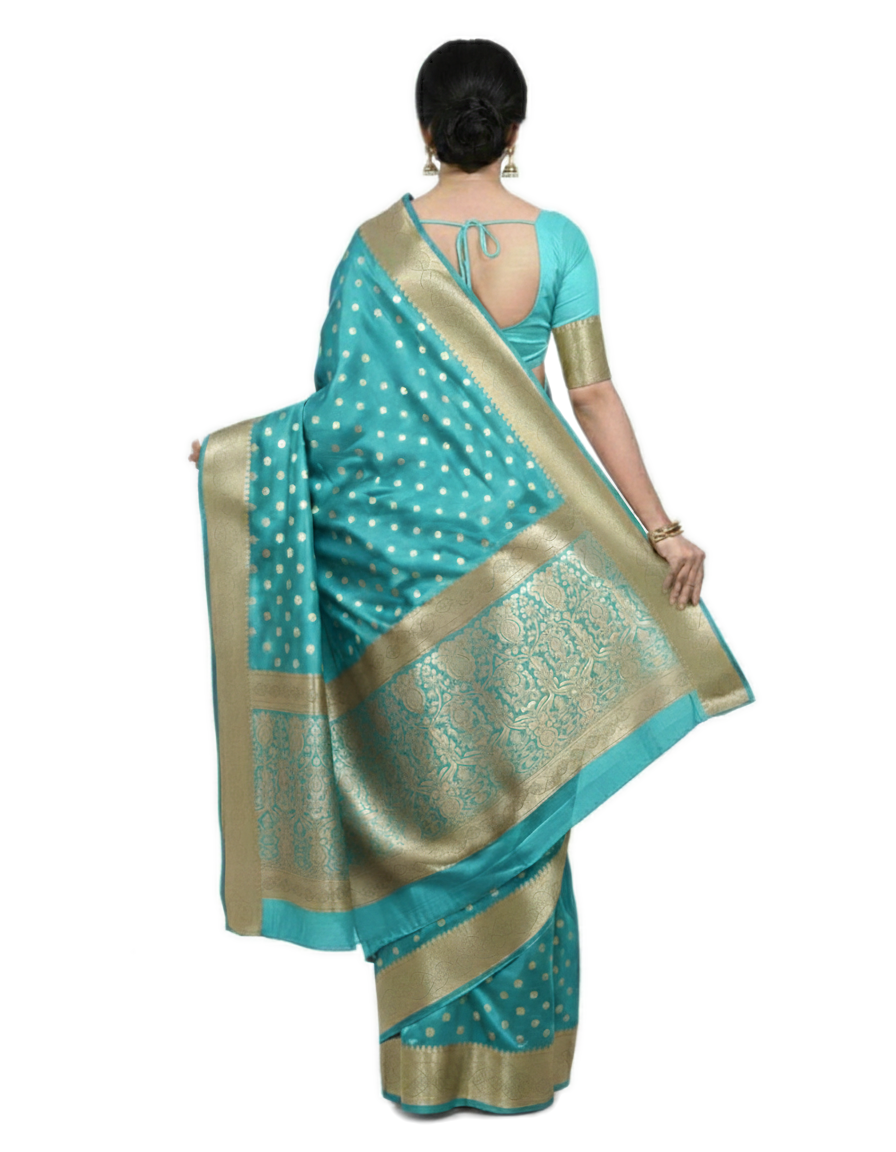 Gajanand Silk Premium Saree in Sky Blue with Gold Zari Border & Floral Design – Elegant Traditional Wear