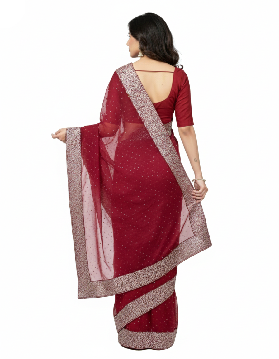 Shub Vivah Silk Premium Saree in Maroon with Silver Embroidery – Elegant Wedding Wear