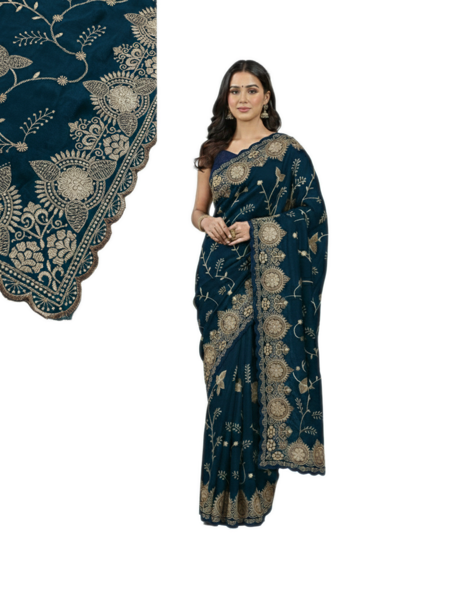 Jwalamukhi Silk Premium Saree in Teal Blue with Gold Zari Border & Floral Design – Elegant Traditional Wear