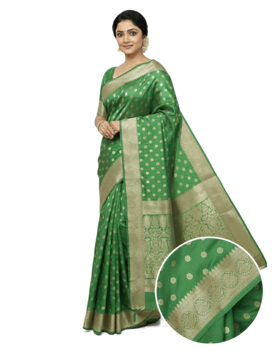 Gajanand Silk Premium Saree in Perot Green with Gold Zari Border & Floral Design – Elegant Traditional Wear