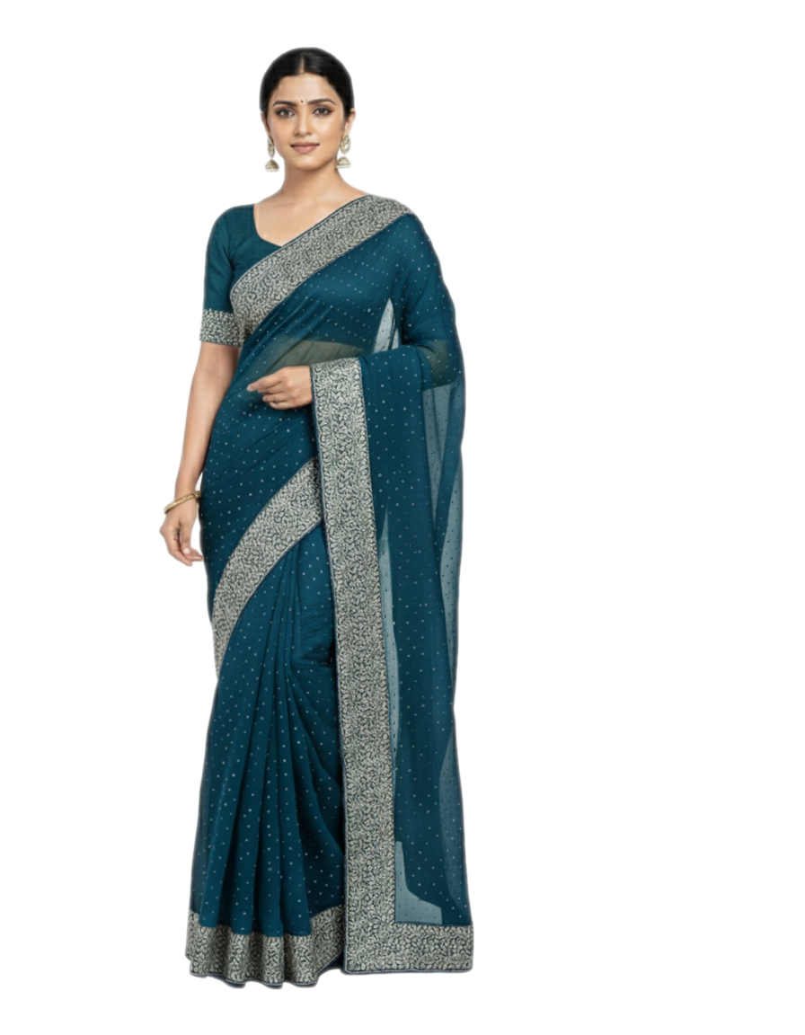 Shub Vivah Silk Premium Saree in Teal Blue with Silver Embroidery – Elegant Wedding Wear