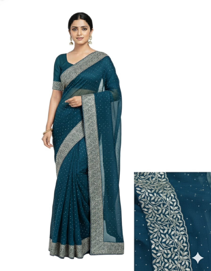Shub Vivah Silk Premium Saree in Teal Blue with Silver Embroidery – Elegant Wedding Wear