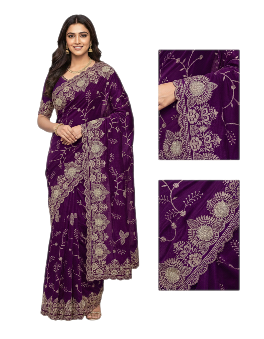 Jwalamukhi Silk Premium Saree in Purple with Gold Zari Border & Floral Design – Elegant Traditional Wear