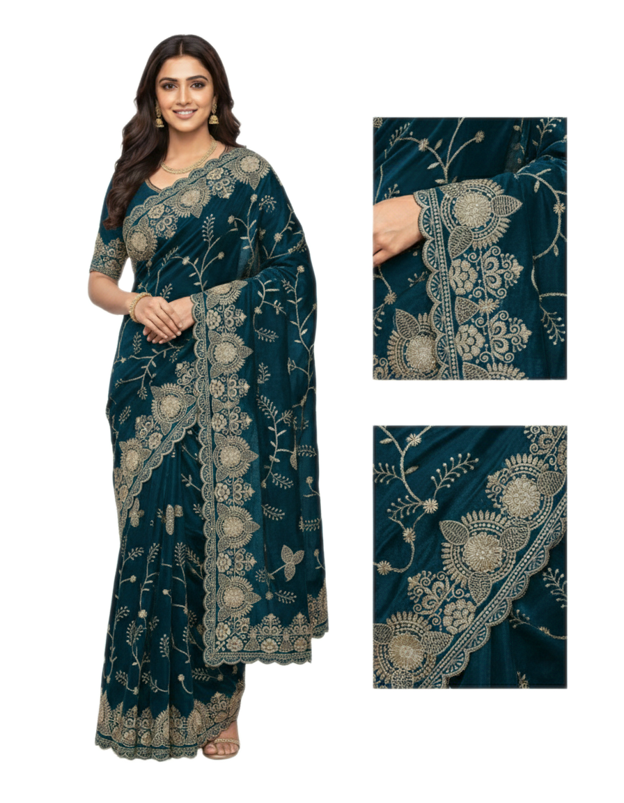 Jwalamukhi Silk Premium Saree in Teal Blue with Gold Zari Border & Floral Design – Elegant Traditional Wear