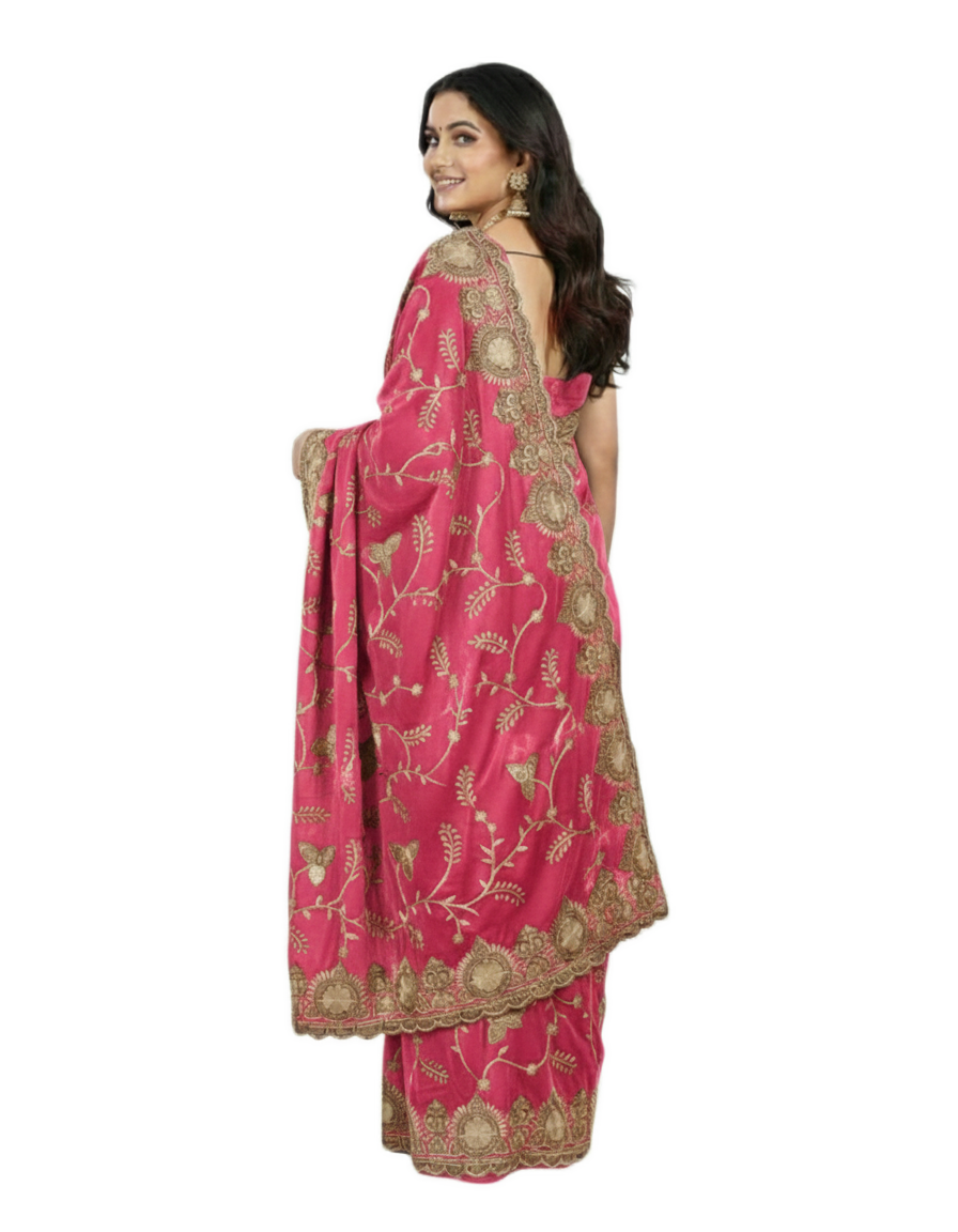 Jwalamukhi Silk Premium Saree in Pink with Gold Zari Border & Floral Design – Elegant Traditional Wear