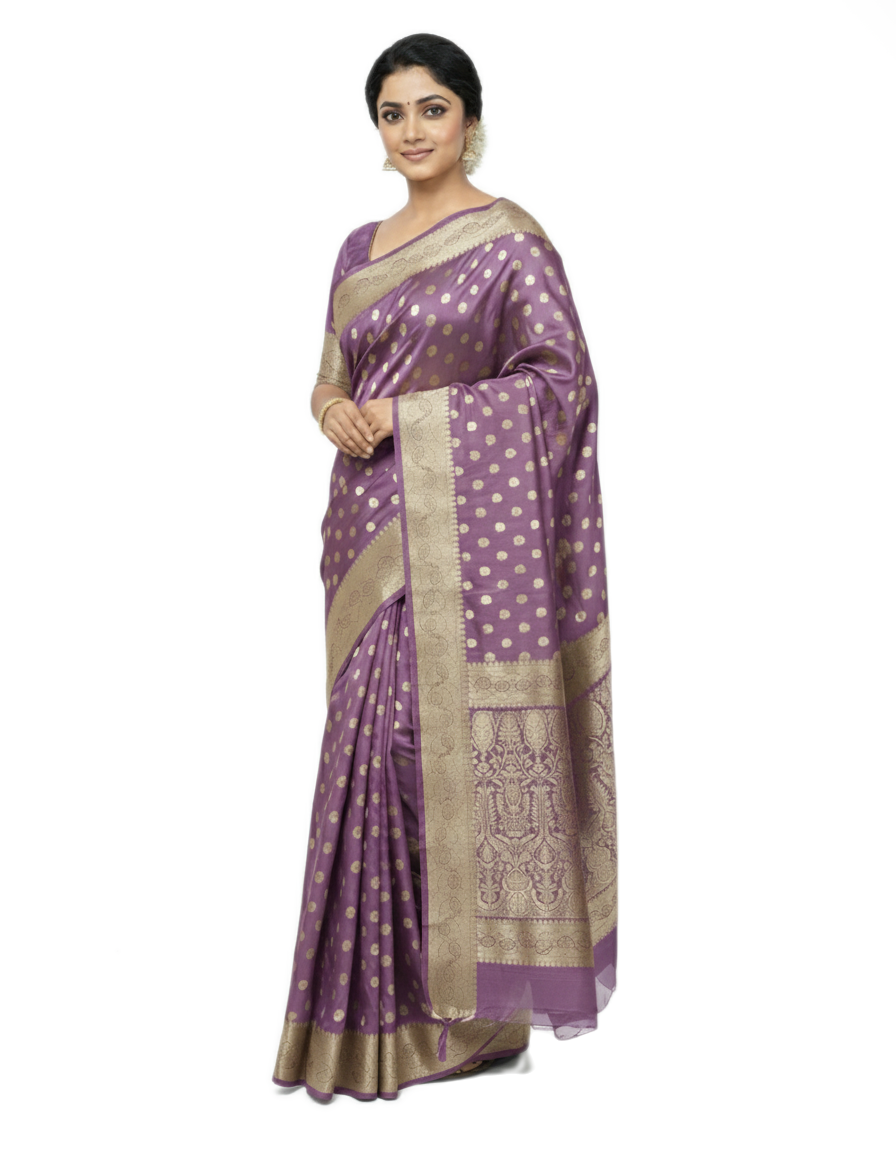 Gajanand Silk Premium Saree in Lavender Purple with Gold Zari Border & Floral Design – Elegant Traditional Wear