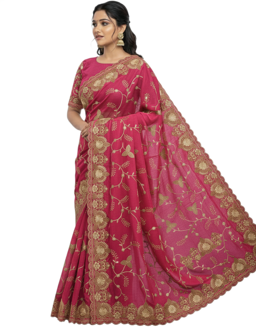 Jwalamukhi Silk Premium Saree in Pink with Gold Zari Border & Floral Design – Elegant Traditional Wear