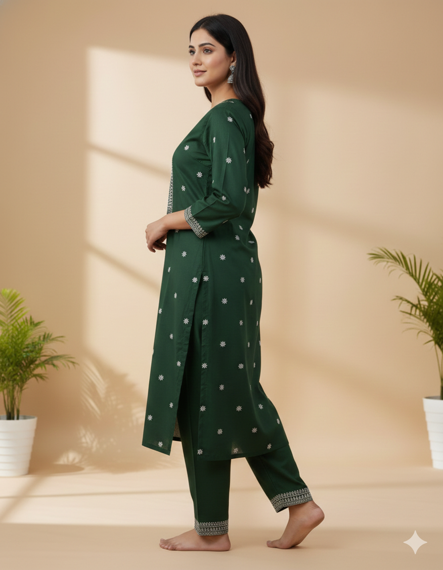 Chandrika Green Embroidered Cotton Kurta & Pant Set – Comfortable Daily Wear for Women