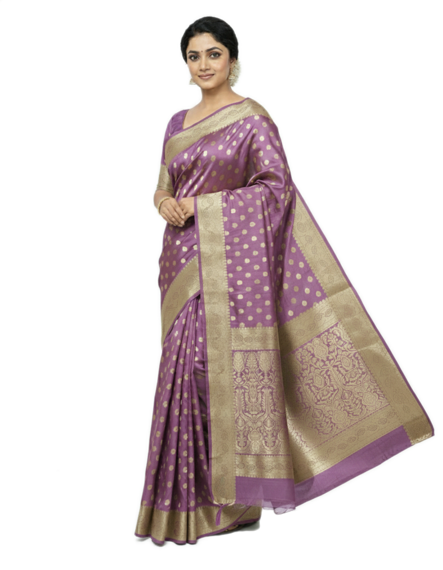 Gajanand Silk Premium Saree in Lavender Purple with Gold Zari Border & Floral Design – Elegant Traditional Wear
