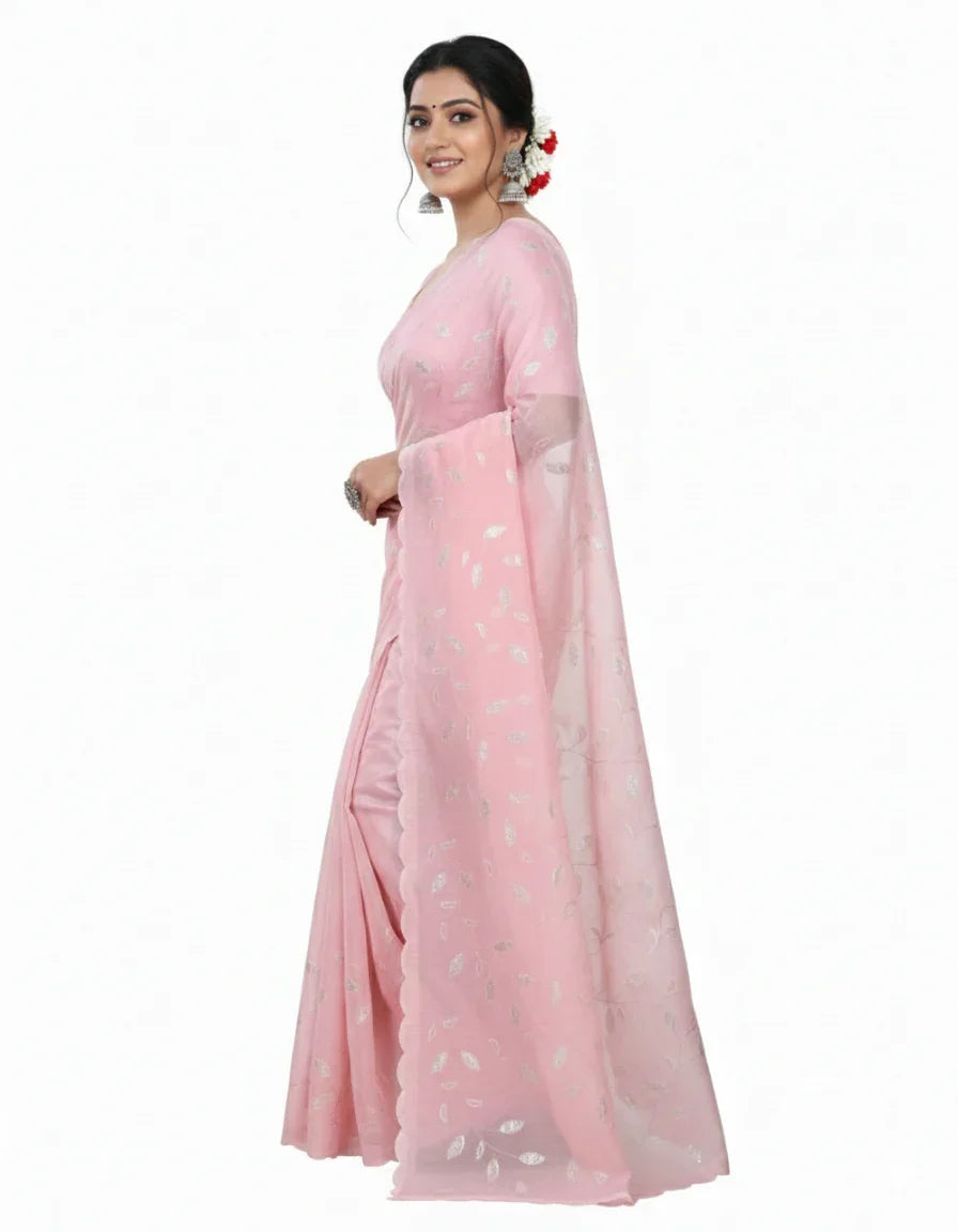 Apsara Silk Premium Saree in Light Pink with Gold Leaf Motifs & Scalloped Border – Elegant Traditional Wear