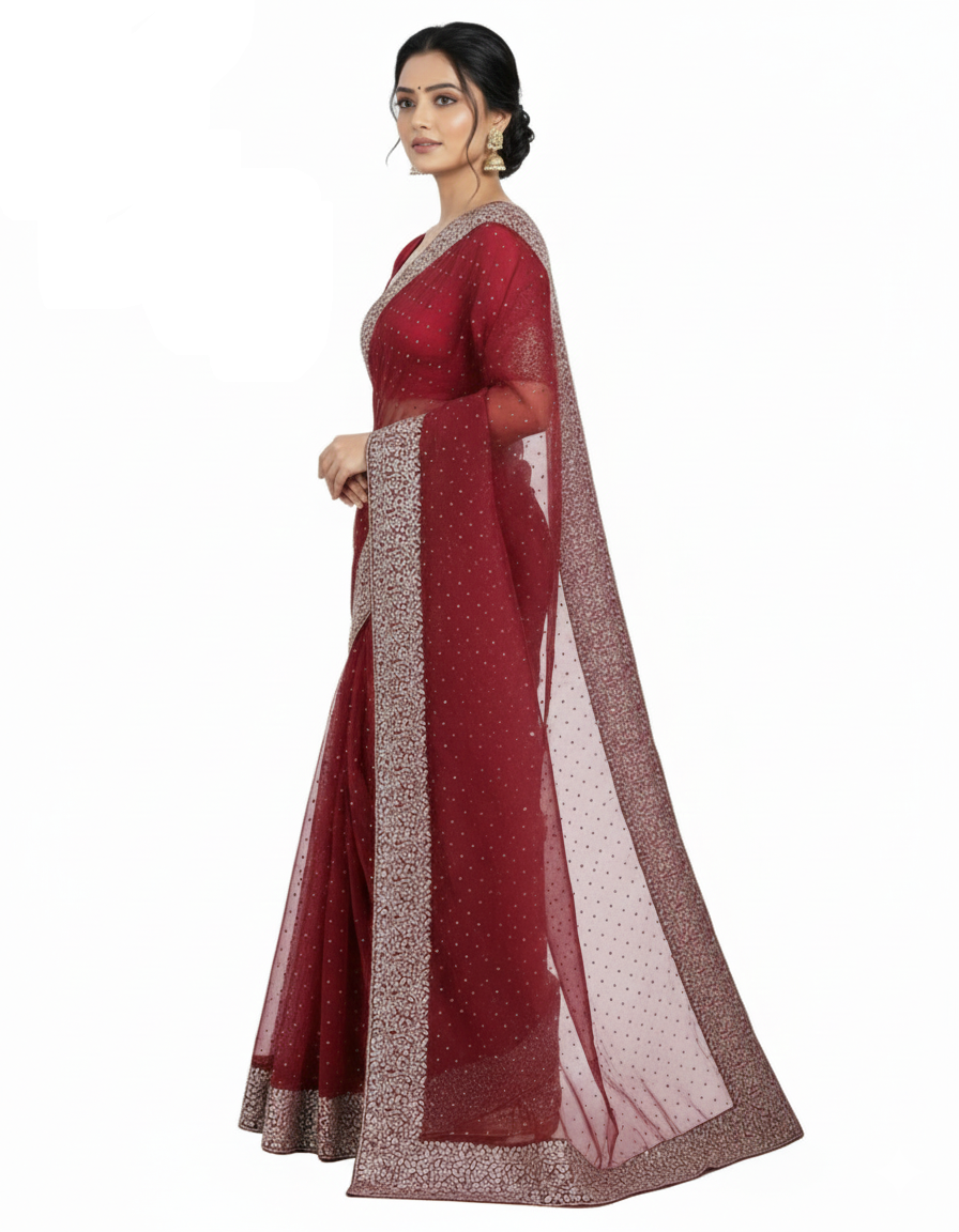 Shub Vivah Silk Premium Saree in Maroon with Silver Embroidery – Elegant Wedding Wear