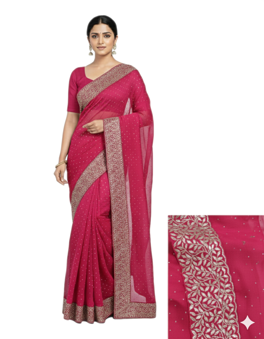 Shub Vivah Silk Premium Saree in Ruby Pink with Silver Embroidery – Elegant Wedding Wear