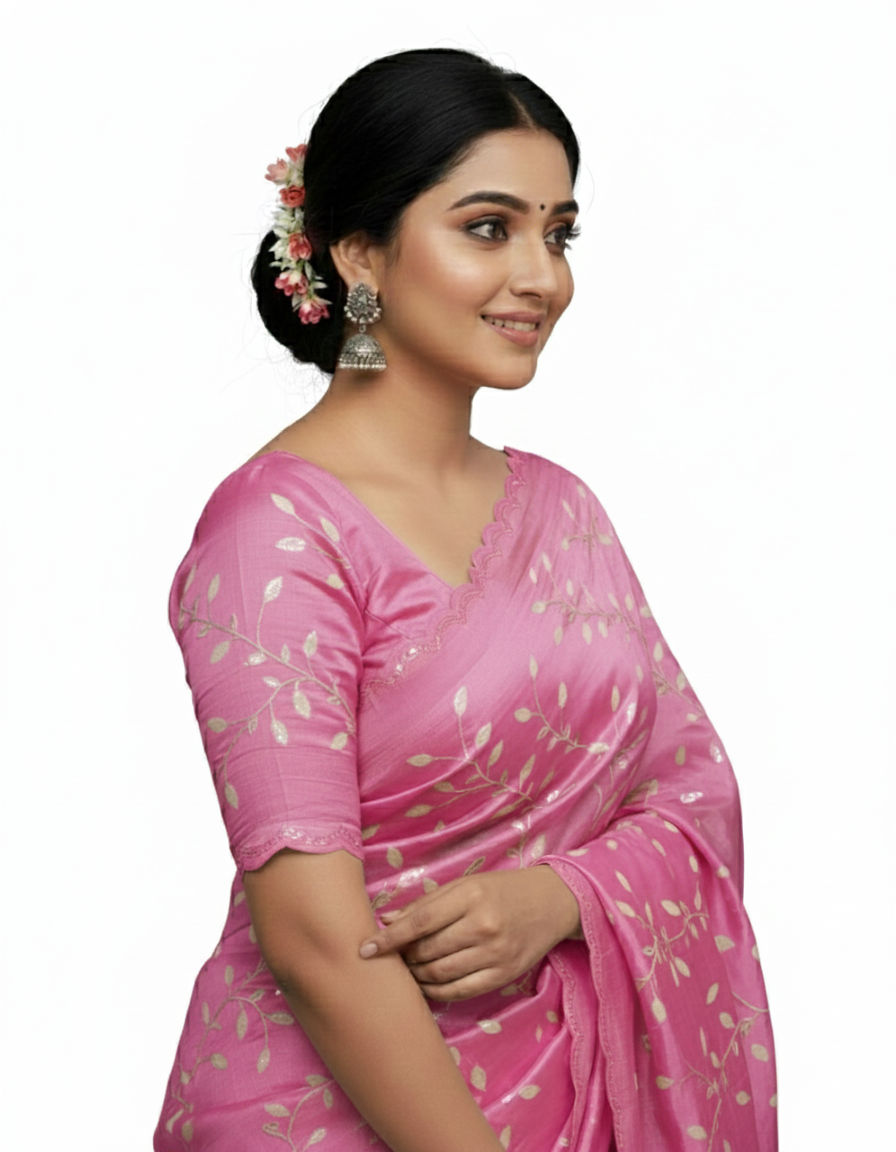 Apsara Silk Premium Saree in Light Pink with Gold Leaf Motifs & Scalloped Border – Elegant Traditional Wear